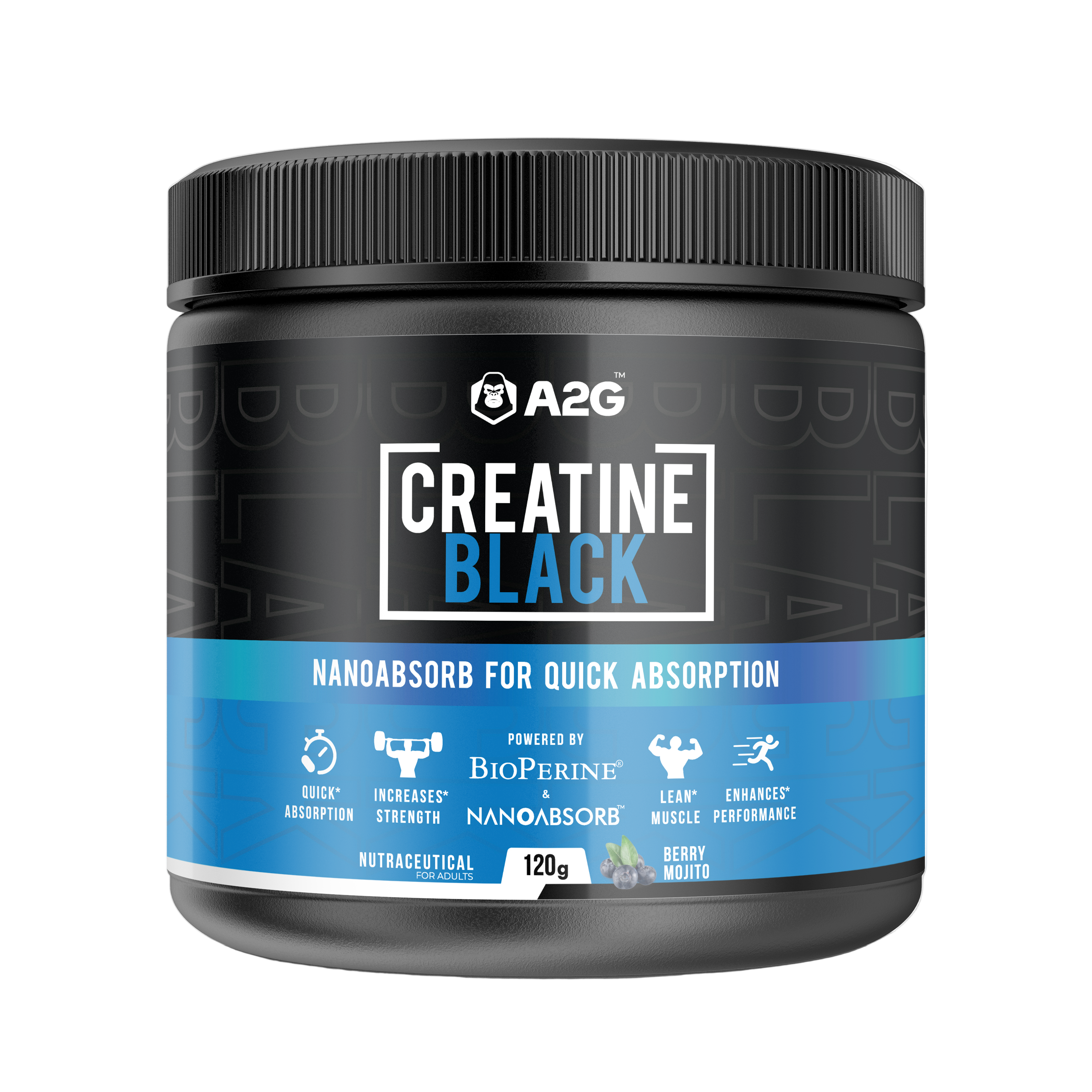 A2G Creatine Black supplement container on a transparent background