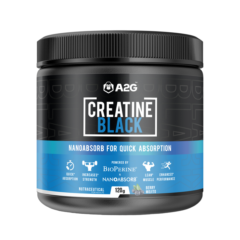 A2G Creatine Black supplement container on a transparent background